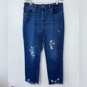 Levi’s 724 High Rise Straight Jeans Stretch Women's 32 Blue Frayed Hem Dark Wash